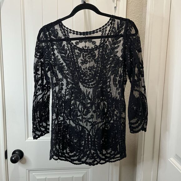 Maurices Shirt Top Blouse Pullover Boat Neck Womens Size S Black Sheer Lace - Picture 6 of 11